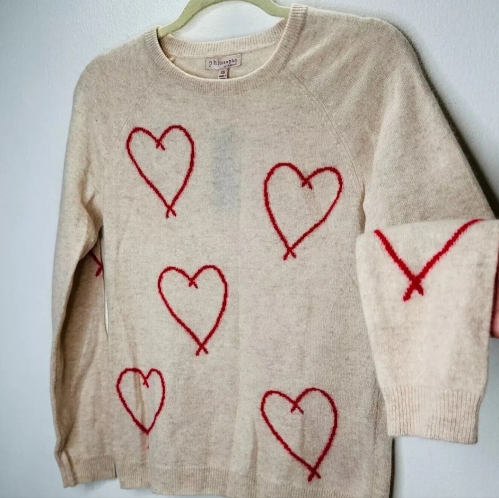 Philosophy Scattered HEART logo 100% Cashmere Crew Neck Sweater Size Small